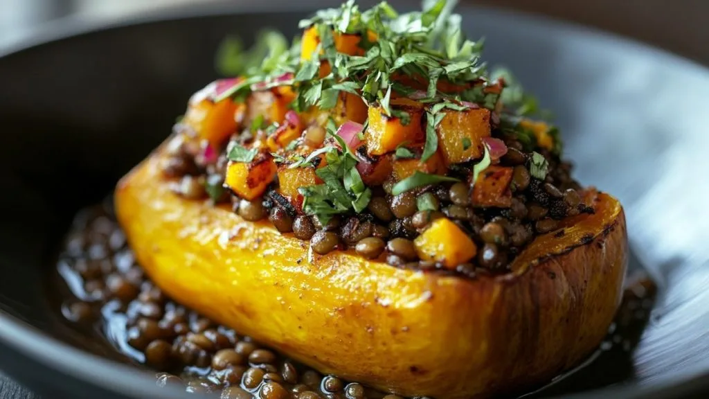 Courge Butternut Garnie de Lentilles et de Champignons