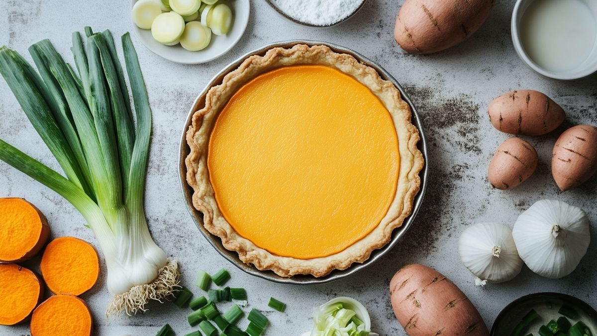 Délicieuse tarte salée aux poireaux et à la patate douce